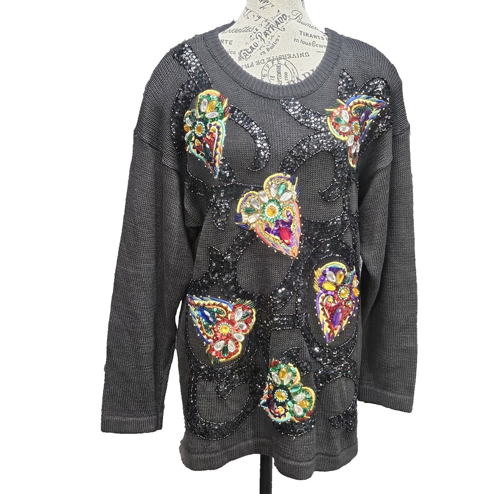 Vintage Western Connection Sweater Womens M Beaded Sequin 90s Avant‎ Garde Art